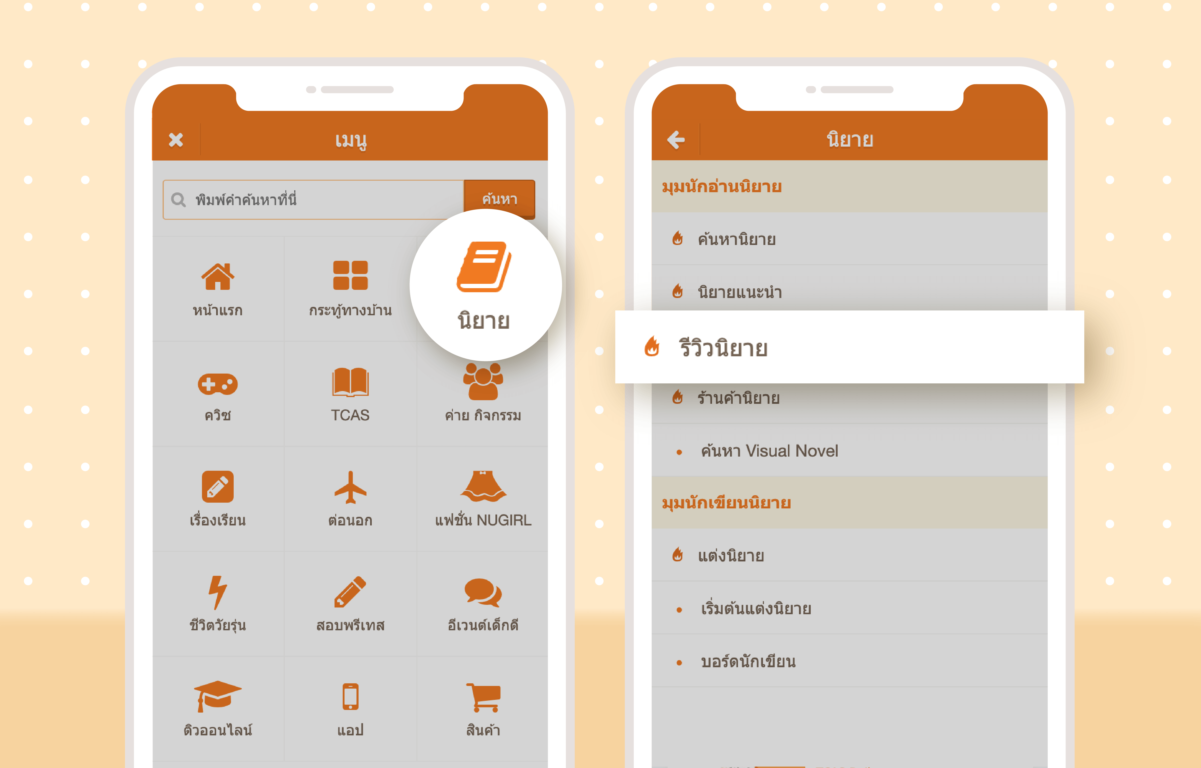 เมนู  "รีวิวนิยาย" ผ่านเบราว์เซอร์บนมือถือ